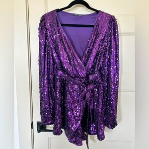 SHEIN BAE Lantern Sleeve Belted Sequin Romper Purple L NWOT
